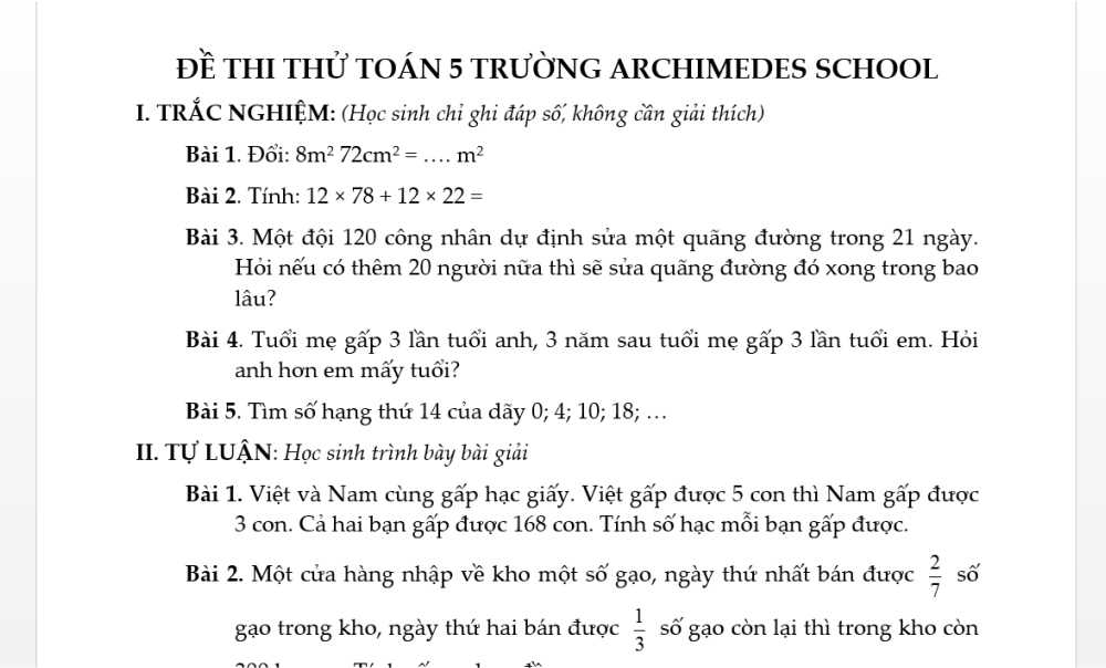 Đề thi thử môn Toán lớp 5 trường Archimedes School